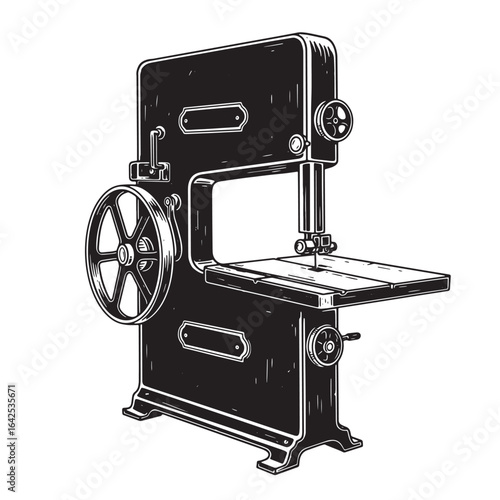 Vintage black and white illustration of a detailed band saw machine for woodworking