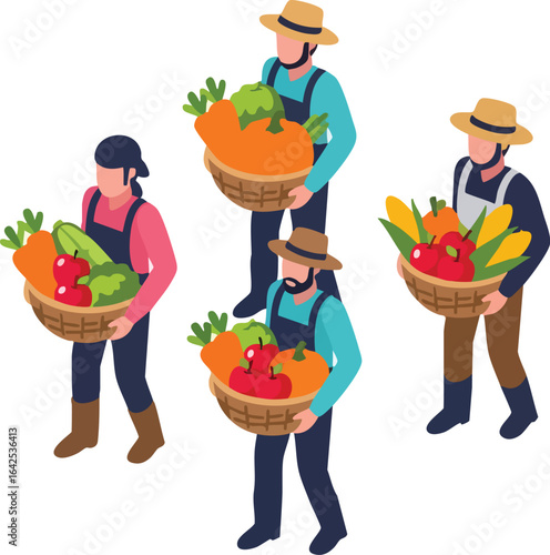 Four farmers hold baskets of produce apples corn squash carrots and lettuce They wear hats and overalls