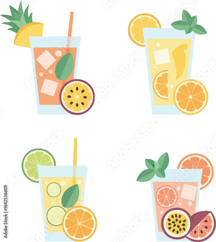 Four stylized fruit drinks diverse citrus blends in simple glass designs