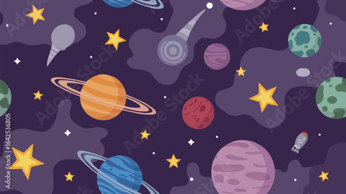 Colorful cartoon planets and stars in outer space galaxy