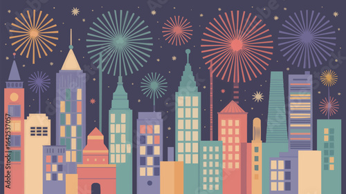 Colorful Cityscape with Fireworks Celebration skyline