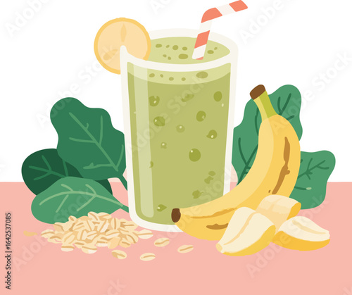Illustration of a green smoothie banana oats and spinach set on a pink surface