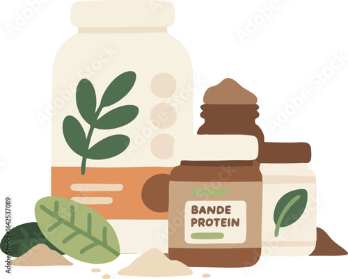 Illustrated protein supplements with green leaves jars and spilled powder cartoon style