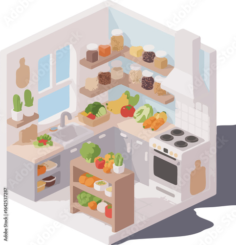 Isometric view of a kitchen with produce shelves cabinets and a white stove