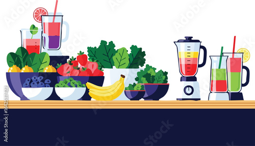 Juices smoothies fruits  vegetables arrayed on a counter with blenders ready