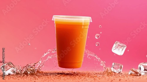 Refreshing Drink in the Sunshine: A vibrant close-up captures a refreshing orange drink served in a clear takeaway cup, accompanied by icy cubes, set against a vivid color backdrop.