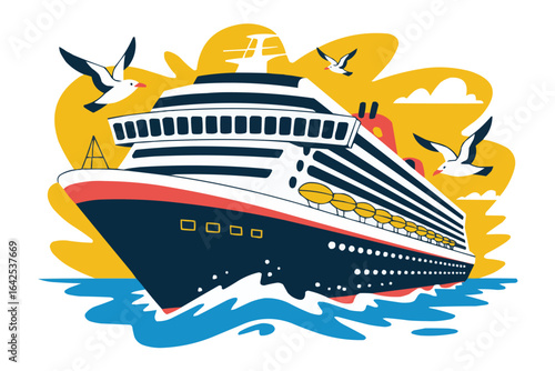 Cruise Ship Sailing Through Wavy Water with Seagulls