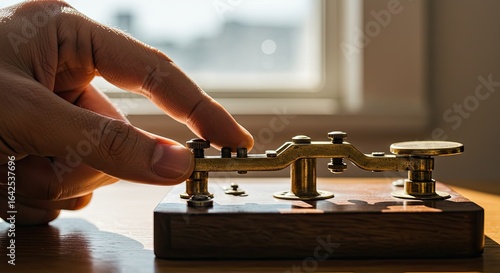 Close-up of a human finger operating an antique brass Morse code telegraph key, bathed in warm sunlight.