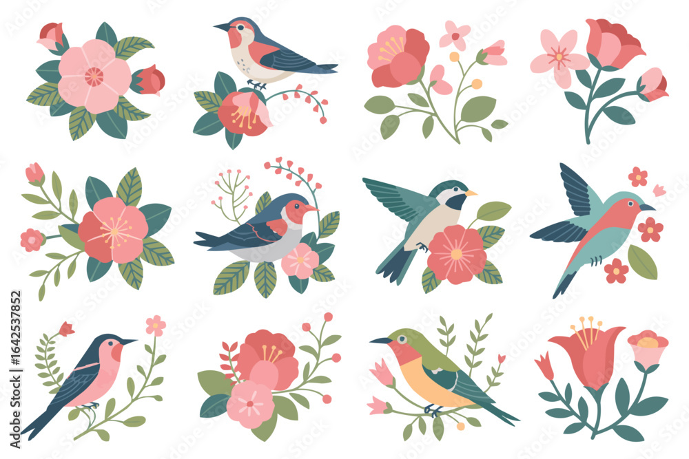 Obraz premium Delicate Birds and Floral Arrangements Keywords: bird, floral, flower, nature, wildlife