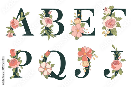 Dark teal alphabet letters with floral accents flowers