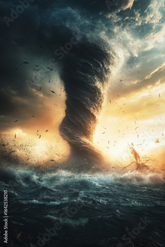 Powerful tornado strikes coastal region captivating nature scene with dramatic waves and stormy skies vivid visual perspective