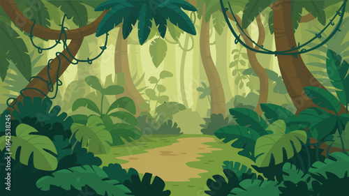 Dense tropical jungle with winding path and foliage