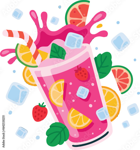 Pink beverage with lemon wedges strawberries  splashing pink liquid is depicted in a vibrant playful illustration