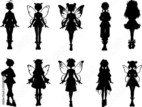 vector sketch illustration silhouette design image of a beautiful fairy character flying with wings