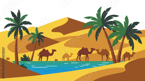 Desert Oasis with Camels and Palm Trees sand dunes