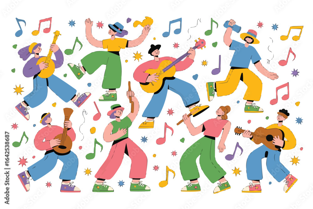 Naklejka premium Diverse group of people dancing and playing musical instruments
