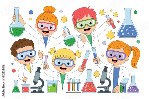 Diverse group of children in lab coats conducting science experiments