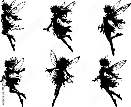 vector sketch illustration silhouette design image of a beautiful fairy fantasy character flying with wings