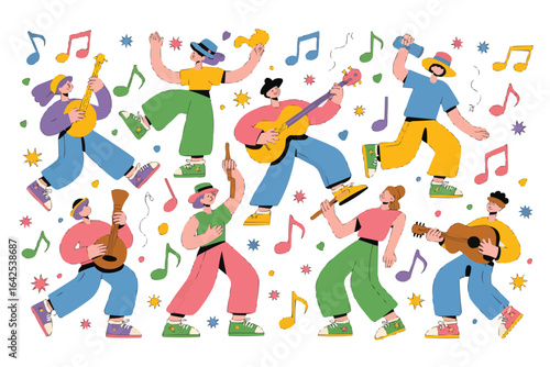 Diverse group of people dancing and playing musical instruments