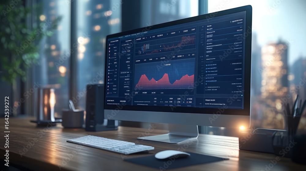 Analyzing financial data trends office workspace digital dashboard display urban environment close-up view business intelligence insights for enhanced decision-making Analyzing financial data trends office workspace digital dashboard display urban environment close-up view business intelligence insights for enhanced decision-making