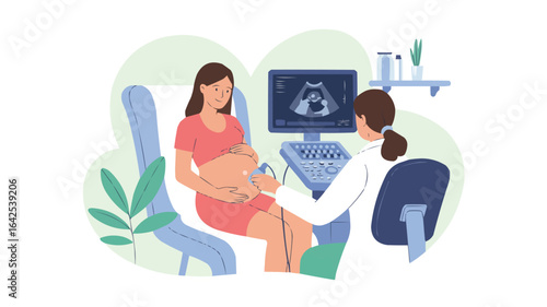 Doctor performs ultrasound on pregnant woman in medical office