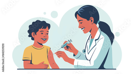 Doctor giving injection to smiling boy with stethoscope