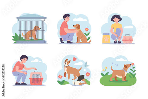 Dog adoption and care illustrations in six panels cage