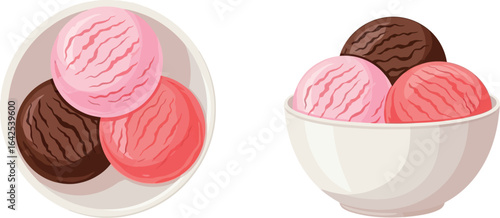 Delicious Scoops of Strawberry, Chocolate, and Raspberry Ice Cream in a Bowl