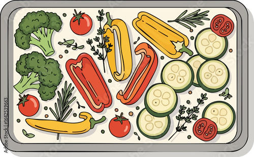 Tray with broccoli peppers tomatoes zucchini slices herbs and spices drawn with thick lines and solid colors