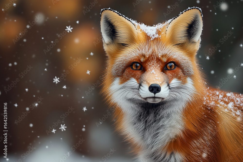 Obraz premium A curious red fox exploring a snow-covered woodland, with delicate snowflakes falling softly around its bright, alert eyes.