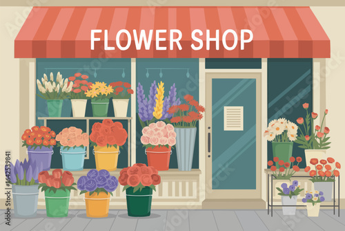 Exterior of a flower shop with awning and displays
