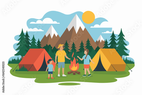 Family camping trip with tents and campfire outdoors
