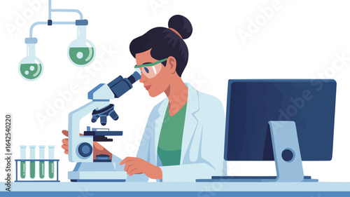 Female Scientist Examining Sample Under Microscope in Lab