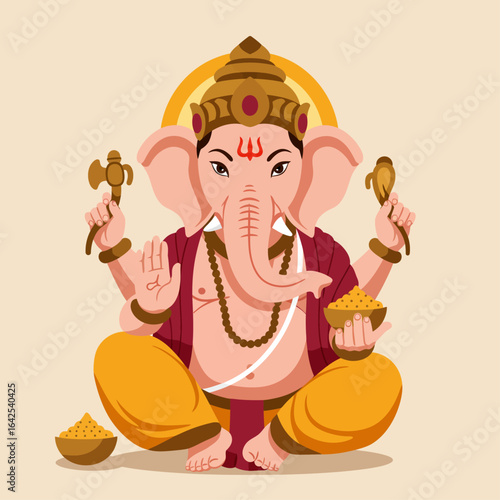 A charming flat design vector illustration of Lord Ganesha, sitting serenely with his iconic attributes, symbolizing wisdom and prosperity.