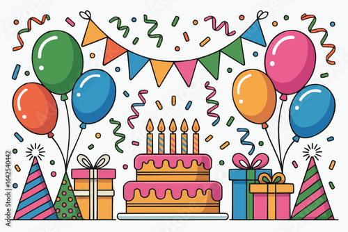 Festive birthday celebration with cake balloons and gifts
