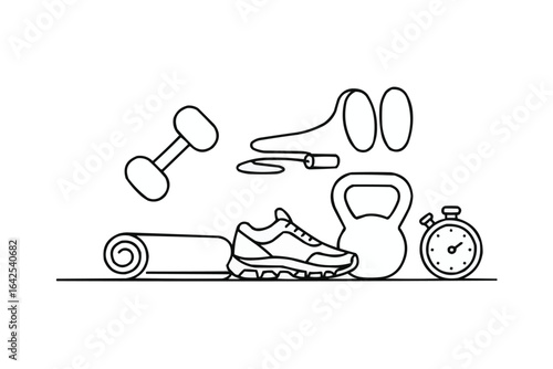 Fitness equipment scattered with dumbbells kettlebell and jump rope