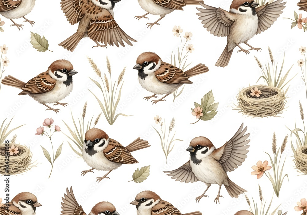 Obraz premium Sparrows with Nests and Flora Pattern