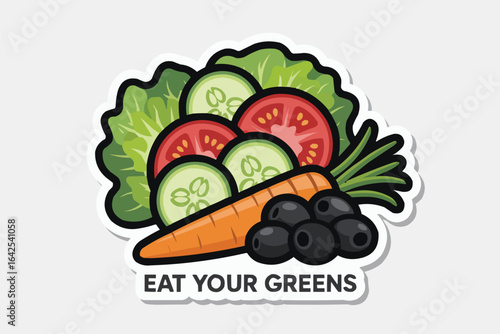 Fresh Salad Ingredients with " Eat Your Greens" Text