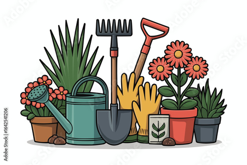 Gardening tools and potted plants on white background
