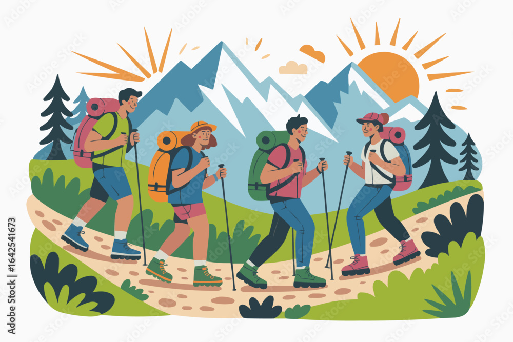 Fototapeta premium Group of hikers trekking through mountains at sunrise