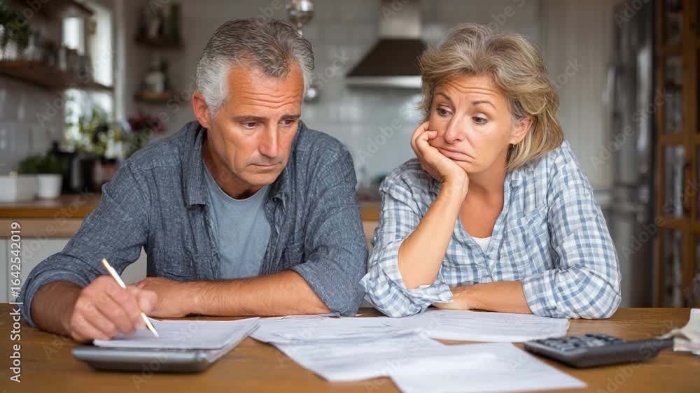 Financial concern: A concerned senior couple sitting at a kitchen table and looking at paperwork with a calculator. Financial concern: A concerned senior couple sitting at a kitchen table and looking at paperwork with a calculator.