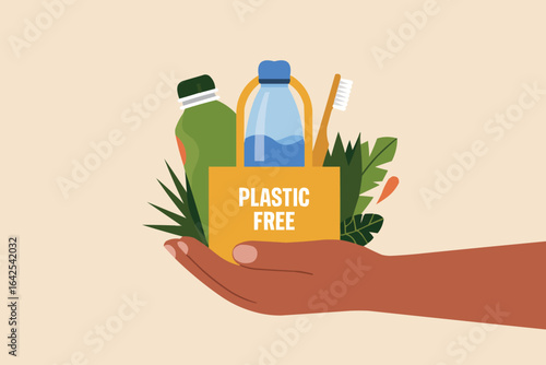 Hand holding a bag with plastic-free products zero waste