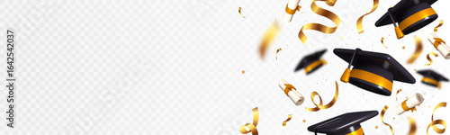Horizontal banner featuring graduation caps (toga hats) being tossed into the air with golden foil confetti, symbolizing celebration and achievement. Perfect for graduation party invitations, school