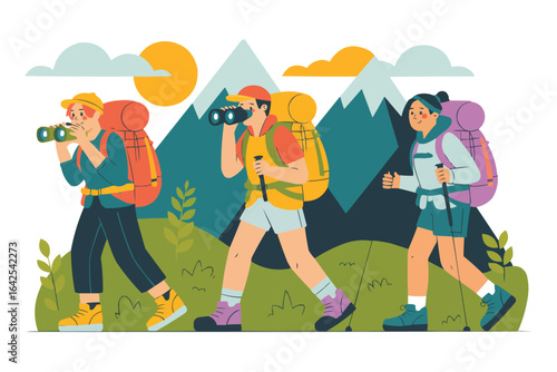 Hikers with binoculars and backpacks on a trail hiking