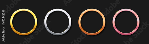 Set of gold, silver, bronze, and rose gold circular frames. Glossy metallic rings for medals, awards, buttons, or stamps on black background. Elegant thin metal frame vector illustration.