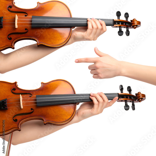 Two violins held by hands side by side comparison