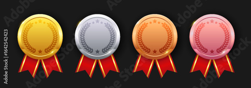 Set of gold, silver, bronze, and rose gold medals with star designs. Glossy metal reward badges for first, second, third, and fourth place prizes.