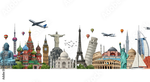 Collage of famous world landmarks and monuments from different countries, symbolizing global travel and tourism, isolated on transparent background
