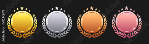 Set of gold, silver, bronze, and rose gold medals with star designs. Glossy metal reward badges for first, second, third, and fourth place prizes.
