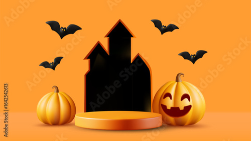 3D vector illustration render of an orange circular stage or podium in front of a black castle with smiling pumpkins and flying bats for a Halloween themed product display area, festival poster.